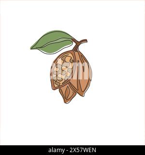 Dessin de ligne continue unique de fève de cacao biologique saine entière pour l'identité du logo de plantation. Concept de cacao frais pour icône de boutique de chocolat. Moderne o Illustration de Vecteur