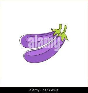 Une seule ligne dessinant des aubergines biologiques saines entières pour l'identité du logo de la ferme. Concept de plante vivace tropicale fraîche pour icône végétale. conti moderne Illustration de Vecteur