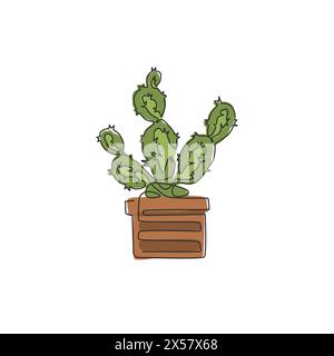 Un dessin au trait continu d'une jolie plante de cactus piquante tropicale en pot. Concept de plante d'intérieur décorative imprimable pour ornement de papier peint de décoration intérieure. M Illustration de Vecteur