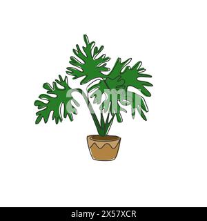 Un dessin au trait continu de plantes tropicales en pot. Concept de plante d'intérieur selloum philodendron décoratif imprimable pour décoration murale à la maison. Si moderne Illustration de Vecteur