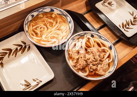 Délicieux menu udon servi dans un bol sur un plateau dans un restaurant japonais Banque D'Images