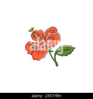 Un dessin d'une seule ligne de beauté hibiscus frais pour le logo de jardin. Concept décoratif de fleur de mauve rose pour affiche de décoration murale à la maison. Continu moderne Illustration de Vecteur