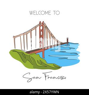 Une seule ligne dessinant le point de repère du Golden Gate Bridge. Lieu emblématique à San Francisco, États-Unis. Tourisme voyage maison décor mur art poster concept d'impression. Mode Illustration de Vecteur