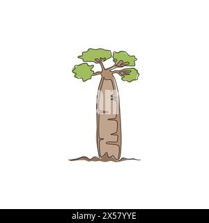 Une ligne continue dessinant un baobab grand et robuste. Arbre historique gigantesque décoratif pour le logo du parc national. Décoration murale maison décoration affiche imprimé. Illustration de Vecteur