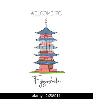 Une seule ligne dessinant le monument de la pagode Fuji San. Lieu de renommée mondiale à Fujiyoshida, Japon. Tourisme voyage carte postale maison décoration murale concept d'art. Moder Illustration de Vecteur