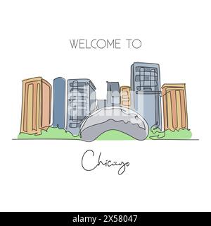 Depok, Indonésie - 6 août 2019 : une seule ligne dessinant le point de repère de Cloud Gate. Lieu de renommée mondiale à Chicago, États-Unis. Tourisme voyage carte postale wa Illustration de Vecteur