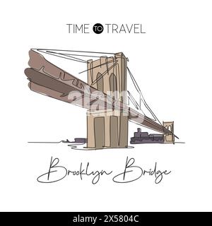Une seule ligne dessinant le point de repère du pont de Brooklyn. Lieu de renommée mondiale à New York, États-Unis. Tourisme voyage carte postale décoration murale maison affiche d'art. Moderne Illustration de Vecteur