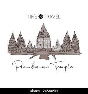 Une seule ligne dessinant le monument du temple de Prambanan. Lieu de renommée mondiale à Jogja, Indonésie. Concept d'impression de décoration murale de décoration de carte postale de voyage de tourisme. Mode Illustration de Vecteur