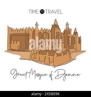 Ligne continue unique dessinant Grande Mosquée de Djenne repère. Bel endroit au Mali, Afrique. Tour du monde voyage maison décoration murale poster concept d'art. Illustration de Vecteur