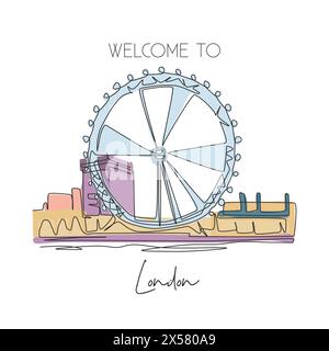 Depok, Indonésie - 2 août 2019 : ligne continue unique dessinant le repère de la grande roue London Eye. Lieu célèbre à Londres Angleterre. Mur de voyage mondial Illustration de Vecteur