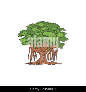 Une ligne continue dessinant un arbre banyan ombragé et feuillu pour décoration murale Home Art poster imprimé. Plante décorative ficus benghalensis pour parc national lo Illustration de Vecteur