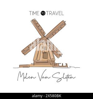 Une seule ligne dessinant le site du moulin à vent de Gooyer. Lieu de renommée mondiale aux pays-Bas. Tourisme voyage carte postale décor mural poster concept d'impression. Moder Illustration de Vecteur