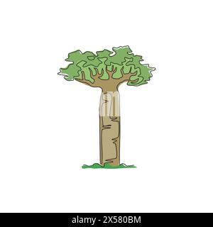 Simple ligne continue dessinant arbre de baobab géant pour affiche de décoration murale. Concept de plante gigantesque pour parc national. Tourisme et concept de vacances de voyage. Illustration de Vecteur