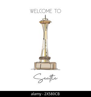 Depok, Indonésie - 6 août 2019 : ligne continue unique dessinant le repère Space Needle. Beauty place à Seattle, Washington DC, États-Unis. World Travel Wal Illustration de Vecteur