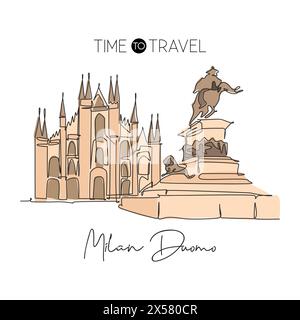 Dessin en ligne continue unique du monument Duomo di Milano. Bel endroit célèbre à Milan, Italie. Tour du monde voyage maison décoration mur art concept d'affiche. Illustration de Vecteur