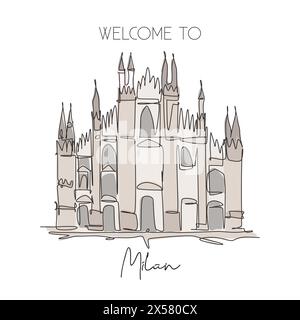 Une seule ligne dessinant le monument du Duomo di Milano. Lieu de renommée mondiale à Milan, Italie. Tourisme voyage carte postale décoration murale concept d'affiche. Moderne c Illustration de Vecteur