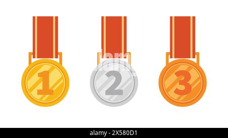 Trois médailles avec les numéros 1, 2 et 3. Les médailles sont en or, argent et bronze Illustration de Vecteur