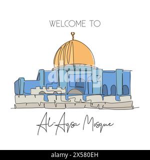 Ligne continue unique dessinant le repère de la mosquée Al Aqsa. Place Saint masjid à Jérusalem. Campagne mondiale de voyage d'art maison décoration murale poster concept d'impression Illustration de Vecteur