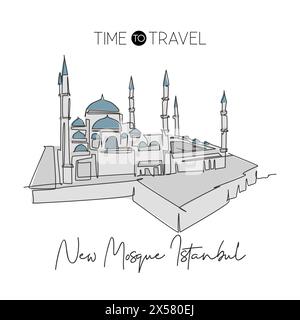 Une ligne continue dessinant le paysage de construction de masjid, monument de la nouvelle mosquée à Istanbul Turquie. Concept de décoration murale religieuse et imprimé poster. Illustration de Vecteur