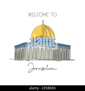 Une seule ligne dessinant le dôme du Rocher, monument de la mosquée Al Aqsa. Célèbre iconique à Jérusalem. Concept d'affiche de décoration murale de carte postale touristique. Moderne Illustration de Vecteur