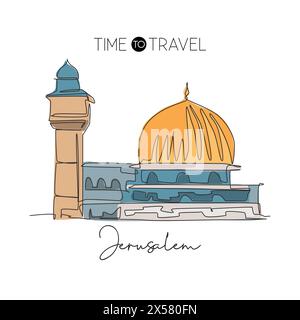 Une seule ligne dessinant le monument de la mosquée Al Aqsa. Célèbre iconique à Jérusalem. Tourisme voyage religieux carte postale décor mural concept d'impression d'affiche. Moderne Illustration de Vecteur