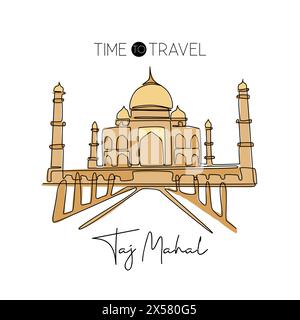 Ligne continue unique dessinant le repère Taj Mahal. Beauté historique lieu emblématique à Agra, Inde. Monde voyage maison décoration mur art poster imprimé concp Illustration de Vecteur