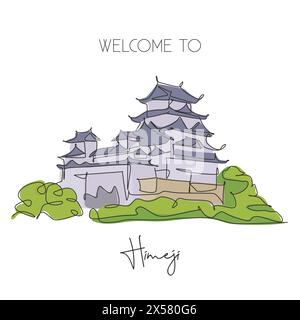 Ligne continue unique dessinant le point de repère du château de Himeji. Le plus vieux palais célèbre à Himeji, Japon. World Travel Home art mur décor concept d'impression d'affiche. Illustration de Vecteur