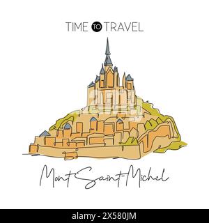 Une ligne continue dessinant le monument du Mont Saint Michel. Lieu emblématique mondial en Normandie, France. Concept d'impression d'affiche de décoration murale de vacances de vacances. M Illustration de Vecteur