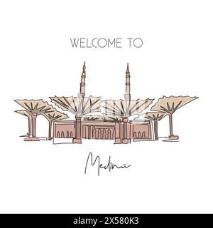 Une seule ligne dessinant le monument de Masjid Al Nabawi. Célèbre Saint iconique à Médine arabe saoudienne. Concept d'impression d'affiche de décoration murale de voyage Hajj umrah. Moderne Illustration de Vecteur