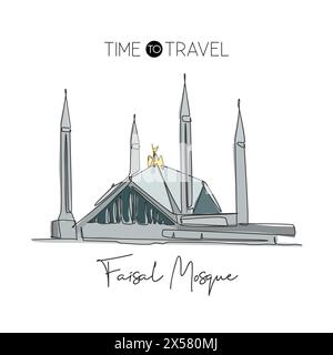Une seule ligne dessinant le monument de la mosquée Shah Faisal. Célèbre iconique à Islamabad Pakistan. Tourisme voyage carte postale décoration murale concept d'affiche. Mode Illustration de Vecteur