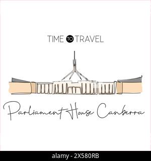 Ligne continue unique dessinant le parlement du monument de Canberra. Bâtiment du gouvernement en Australie. Concept d'affiche d'art mural décoration maison. Simple Illustration de Vecteur