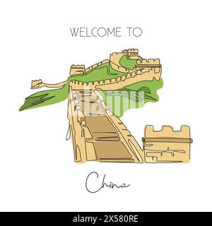 Dessin d'une ligne continue unique de la Grande Muraille de Badaling point de repère. Beauté célèbre lieu à Pékin, Chine. World Wall Decor maison art affiche imprimé voyage c Illustration de Vecteur