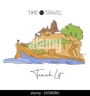 Une ligne continue dessinant le repère Tanah Lot. Beau paysage à Bali, Indonésie. Vacances vacances décoration murale poster imprimé art concept. Illustration de Vecteur