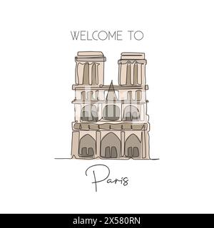 Une seule ligne dessinant le point de repère de notre-Dame. Lieu célèbre mondialement emblématique à Paris France. Tourisme voyage carte postale mur maison décoration affiche impression d'art. Mode Illustration de Vecteur