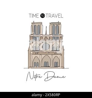 Une ligne continue dessinant le point de repère de notre Dame. Lieu emblématique mondial à Paris, France. Vacances maison de vacances décoration murale art poster concept d'impression. Moder Illustration de Vecteur