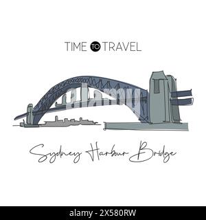 Ligne continue unique dessinant le point de repère du Sydney Harbour Bridge. Belle construction en Australie. Concept d'affiche d'art mural décor de voyage du monde. M Illustration de Vecteur