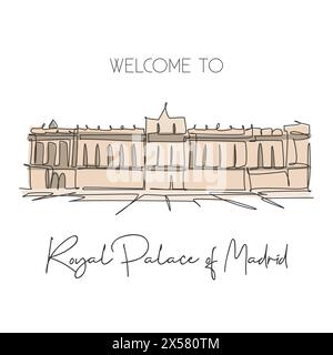 Ligne continue unique dessinant le Palais Royal de Madrid monument. Bel endroit célèbre à Madrid Espagne. Voyage monde maison décoration mur affiche art Concepp Illustration de Vecteur