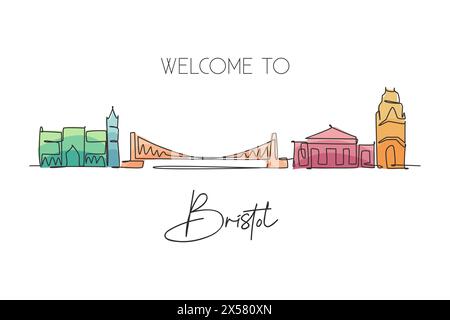 Dessin en ligne continue unique de la ville de Bristol. Célèbre gratte-ciel de ville et paysage. World Travel mur décor maison poster imprimé art concept. M Illustration de Vecteur