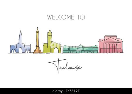 Un dessin au trait continu de l'horizon de Toulouse, France. Belle carte postale gratte-ciel. Affiche de décoration murale de voyage de tourisme de paysage mondial Illustration de Vecteur