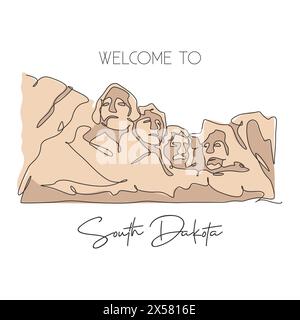 Ligne continue unique dessinant le monument commémoratif national du mont Rushmore. Endroit célèbre dans le Dakota du Sud, États-Unis. Visite guidée décoration murale de la maison imprimé affiche. Illustration de Vecteur