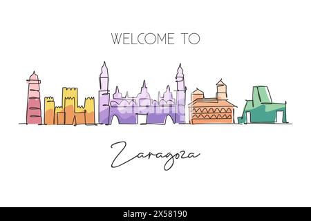 Une ligne continue dessinant Saragosse City skyline Espagne. Belle carte postale gratte-ciel. Monde paysage tourisme voyage vacances mur décor affiche conc Illustration de Vecteur