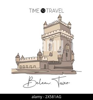 Une seule ligne dessinant le monument de la tour de Belem. Lieu emblématique de renommée mondiale à Lisbonne, Portugal. Tourisme voyage carte postale maison décoration murale concept d'art. Mode Illustration de Vecteur