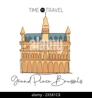 Une seule ligne dessinant le monument de la Grand place de Bruxelles. Célèbre iconique en Belgique. Tourisme voyage carte postale maison décoration mur concept d'impression poster. Tendance Illustration de Vecteur