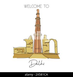 Une ligne continue dessinant le point de repère de la mosquée Qutub Minar. Lieu sacré islamique à Delhi, Inde. Concept d'impression d'affiche de décoration murale de maison de vacances de vacances. Mo Illustration de Vecteur