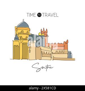 Une ligne continue dessinant le monument du Palais de Pena. Historique Palacio da Pena à Sintra, Portugal. Concept d'impression d'affiche de décoration murale de vacances de vacances. Mo Illustration de Vecteur