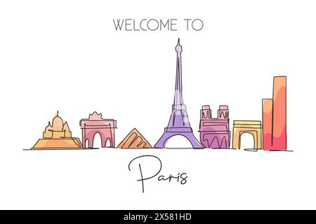 Dessin au trait continu unique de l'horizon de la ville de Paris, France. Paysage de gratte-ciel célèbre dans le monde. Concept artistique d'impression d'affiche de décoration murale de voyage du monde. Illustration de Vecteur
