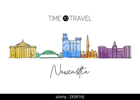 Dessin en ligne continue unique de l'horizon de la ville de Newcastle. Célèbre paysage de gratte-ciel de ville dans le monde. Campagne voyage décoration murale décoration maison affiche design Illustration de Vecteur