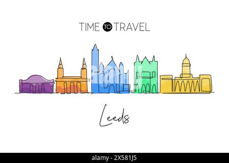 Une seule ligne dessinant l'horizon de la ville de Leeds. Paysage historique de gratte-ciel de ville dans le monde. Meilleure destination vacances maison de vacances concept de décoration murale. Illustration de Vecteur