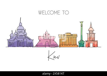 Un dessin au trait continu de Kiev ville skyline, Ukraine. Magnifique point de repère. Impression d'affiche de vacances de voyage de tourisme de paysage mondial. Style modifiable Illustration de Vecteur