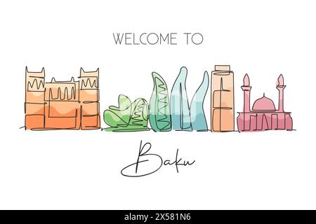 Un dessin au trait de la ville de Bakou, Azerbaïdjan. Paysage de ville historique dans le monde. Meilleure destination de vacances décor mural imprimé affiche. Tendance Illustration de Vecteur
